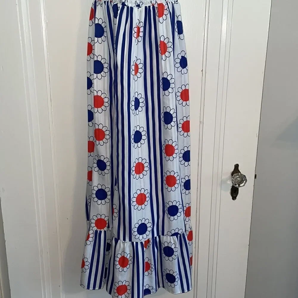 Vtg 60s/70s Youngland‎ preteen red, white & blue flower power maxi dress